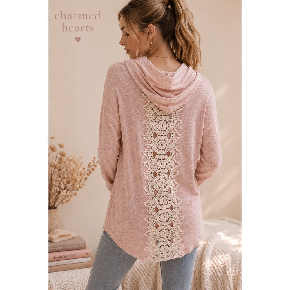 Charmed Hearts Pink Lace Back Hoodie Top Size Large Boho Soft Girl Cozy